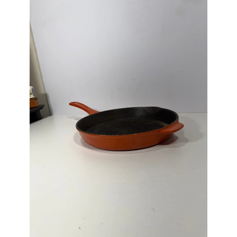 Orange Enameled Cast Iron Round Grill Pan Skillet with Ribbed Surface 10 inch
